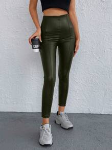SHEIN Cottnline Women's Solid High Waist Seam Front Crop Leggings - Dark Green - View 5