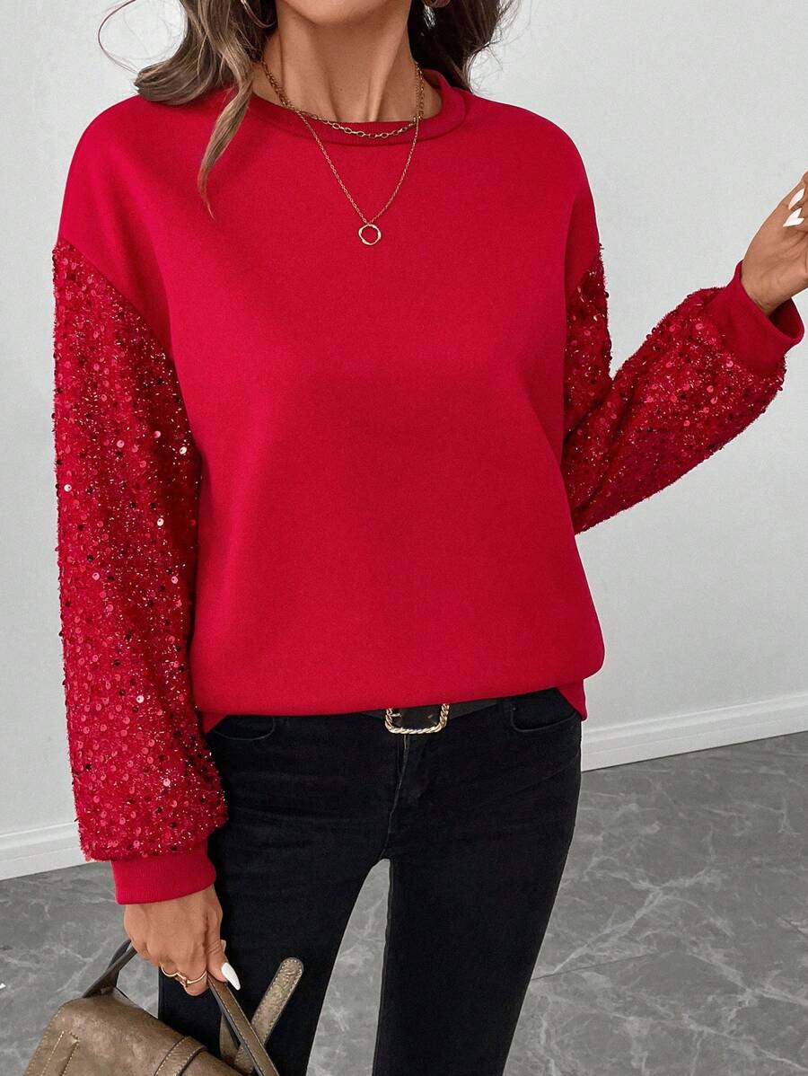SHEIN LUNE Embellished Sequin Patchwork Red Women Sweatshirt For Christmas Party Autumn Winter Clothes For Women - Red - View 1