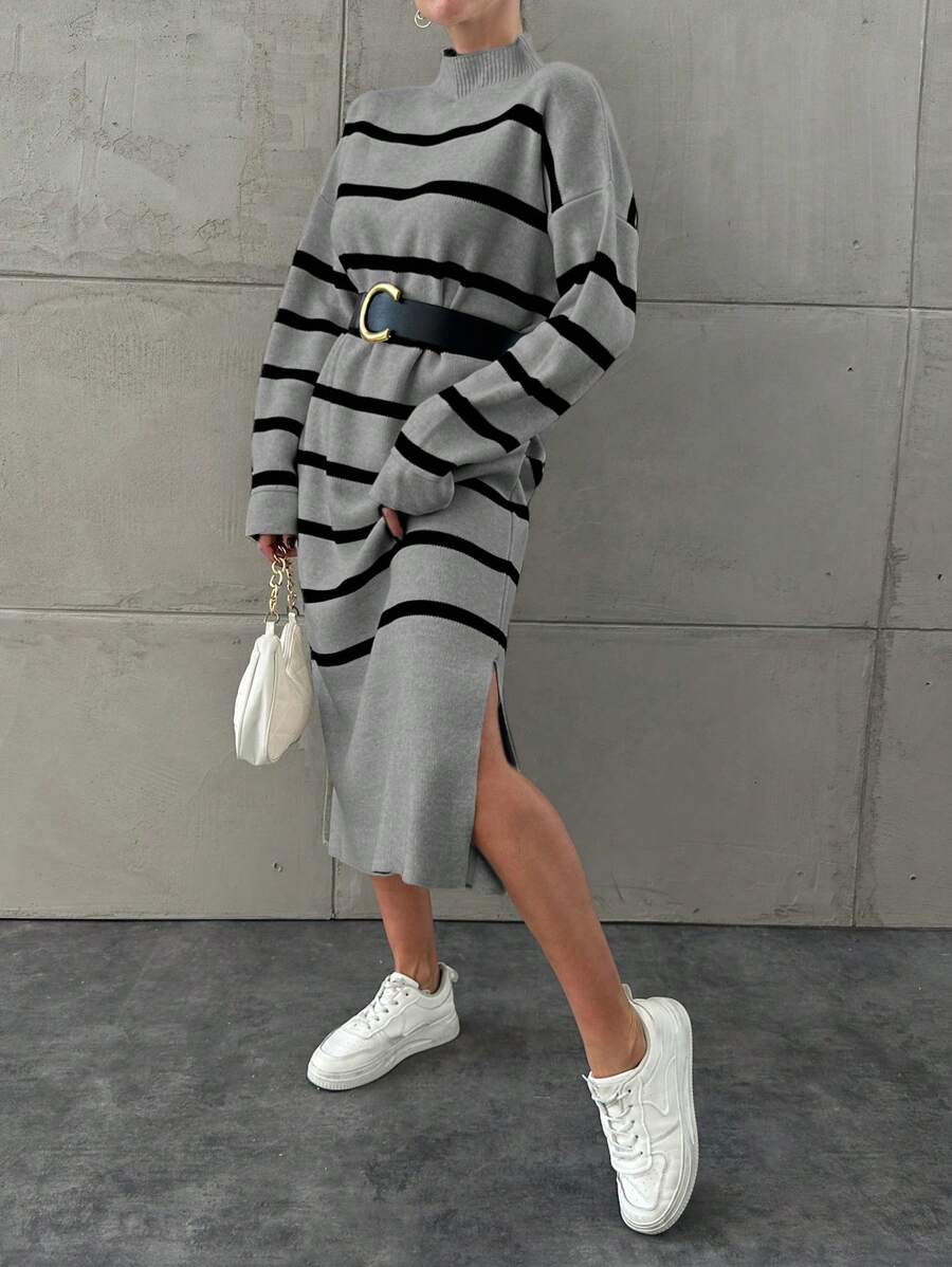 EURMUSE Robe pull avec col montant, rayures, épaules tombantes et fente à l'ourlet, style casual pour femmes, automne/hiver - Gris - Voir 1