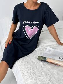 RueChic 100% Cotton Slogan Graphic & Heart Print Round Neck Short Sleeve Nightgown - Black - View 4