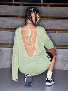 Streetz SHEIN Sport 圆领纯色抽绳不对称下摆长袖运动衫 - 綠色 - 查看 2
