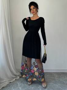 Elenzga Women's Floral Applique Mesh Panel Long Sleeve Dress - Black - View 4