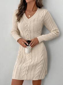 Easowa V-Neck Waist Gathered A-Line Flare Dress, Textured Knit, Casual & Work Appropriate, Warm Winter Sweater Dress For Women