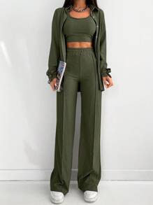 SHEIN PETITE 小码纯色落肩长袖衬衫、短款背心和裤子休闲三件套西装 - 綠色 - 查看 3