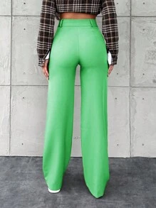 RueChic Pantalones de traje de cintura alta de un solo color casual para uso diario, otoño - Verde Oliva - Ver 2