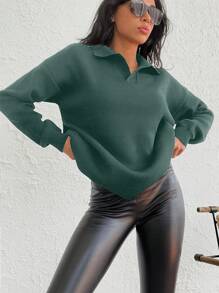 Women's Casual Dropped Shoulder Loose Knit Sweater With Lapel