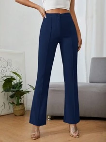 SHEIN PETITE Solid Color High Waist Trousers - Navy Blue - View 5