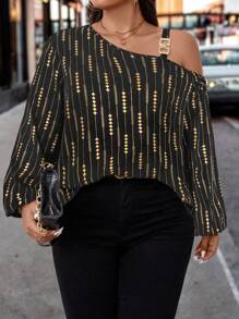 SHEIN Clasi 大码全图案印花链条不对称领口灯笼袖衬衫 - 黑色 - 查看 4