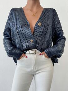 EURMUSE Women Gold Coating Detailed Oversize Shaped Cardigan - Navy Blue - View 5