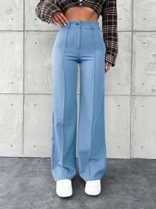 EURMUSE Women Solid Zipper Fly Seam Front Straight Leg Suit Pants - Baby Blue - View 5