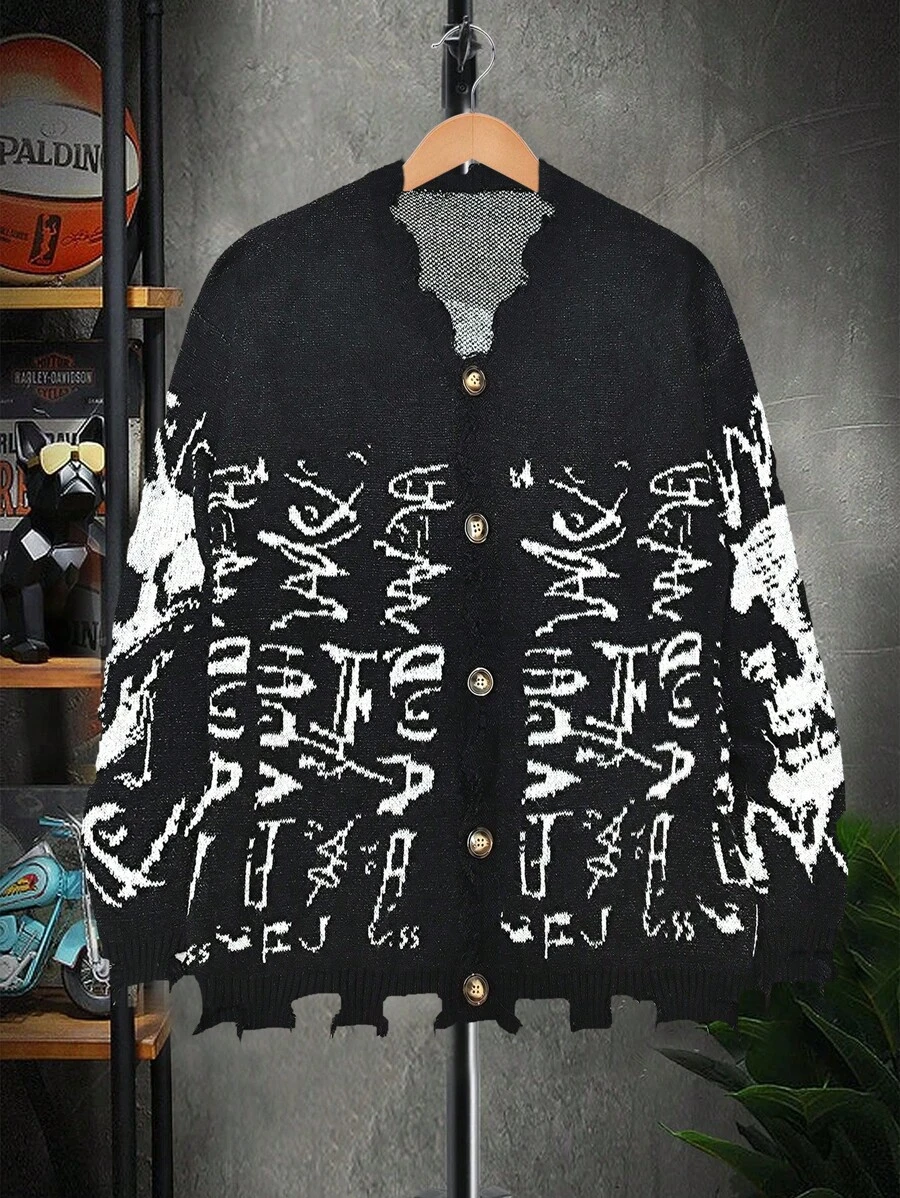 Manfinity LEGND Áo len cardigan rộng rãi Manfinity EMRG thu/đông cho nam có vai trễ và in chữ Halloween Áo len Halloween - Đen và trắng - Xem 1