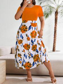 SHEIN Clasi Vestido informal de manga corta con estampado de flores patchwork para mujer de talla grande