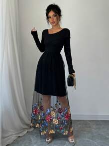 Elenzga Women's Floral Applique Mesh Panel Long Sleeve Dress - Black - View 3
