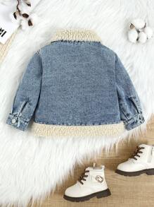 SHEIN Áo khoác denim lót nhiệt rộng rãi màu xanh nhạt mới giặt cho bé gái có miếng vá trang trí, thiết kế đơn giản để mặc hàng ngày - Rửa trung bình - Xem 2