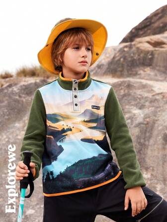 SHEIN Boys' Green Digital Print Long Sleeve Outdoor Sports Fleece Hooded Sweatshirt