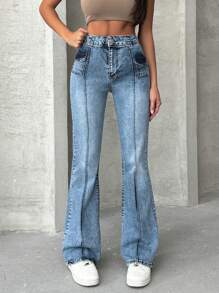 RueChic Mid Waist Pocket Detailed Flare Jean - Medium Wash - View 1