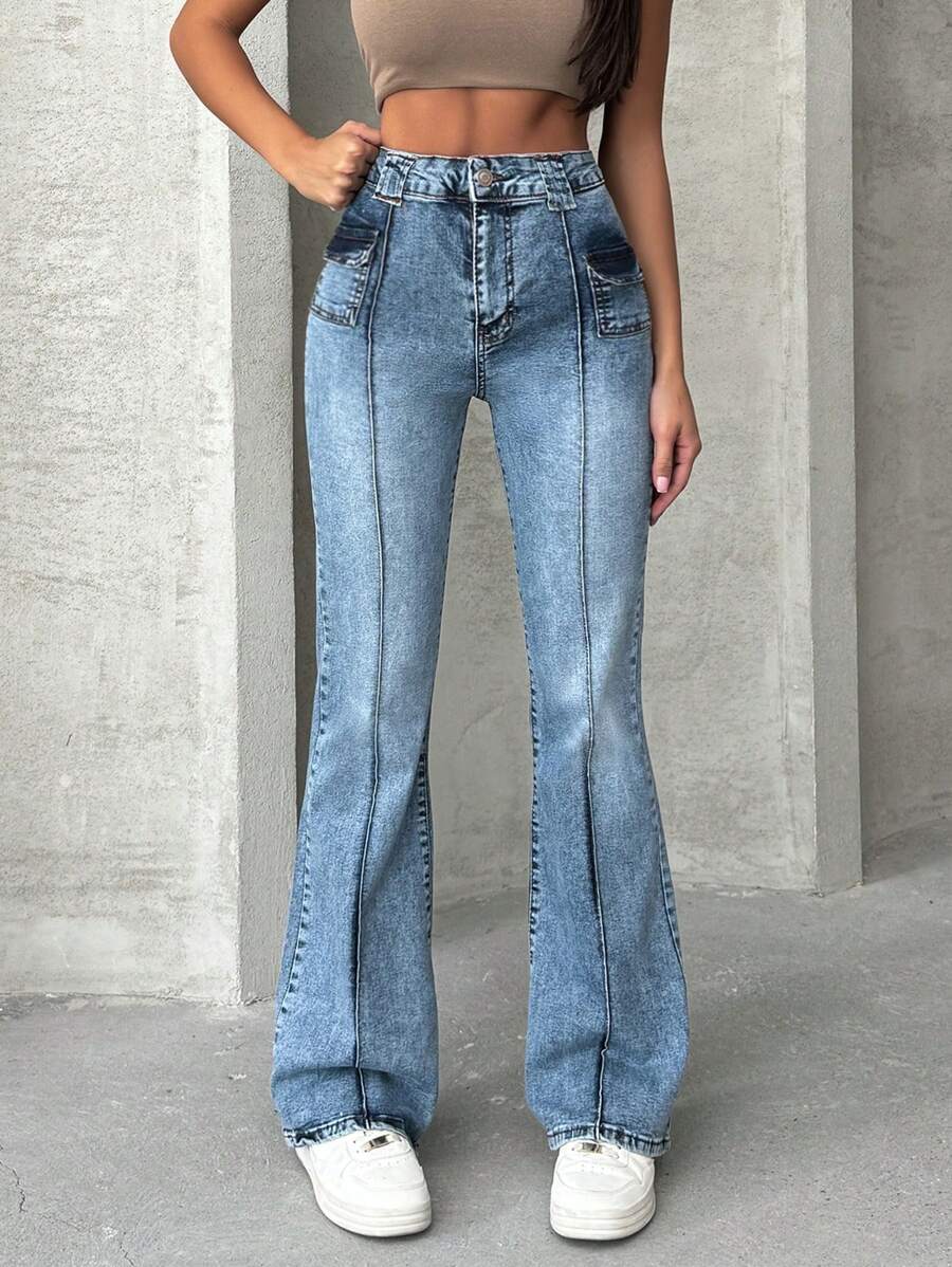 RueChic Mid Waist Pocket Detailed Flare Jean - Medium Wash - View 1