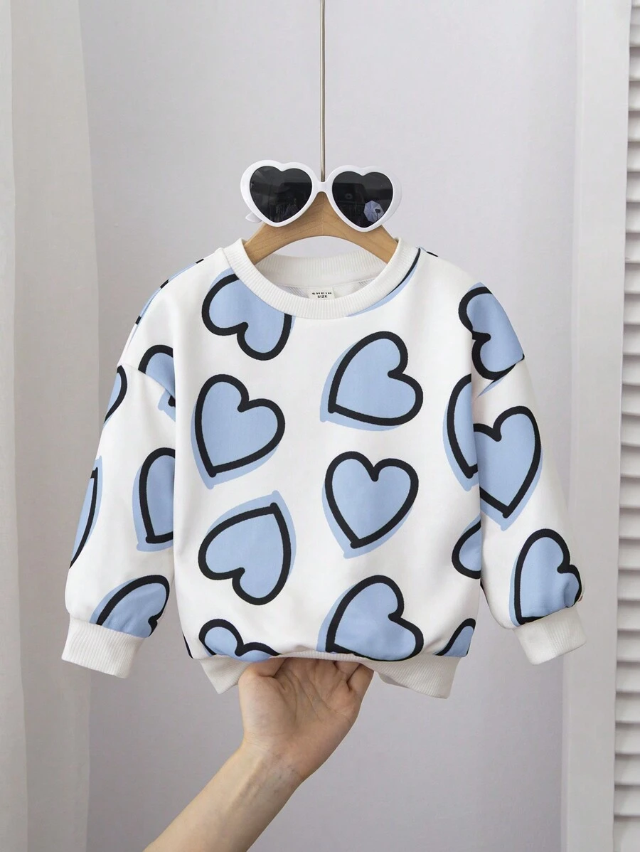 SHEIN Baby Girl Cute Versatile Cartoon Pattern Crew Neck Long Sleeve Sweatshirt, Fall/Winter - Blue and White - View 1