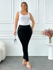 RueChic 97% CottonPlus Button Pocket Detailed Skinny Jean - Black - View 1