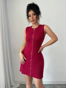 Chiquease Women's Solid Color Front Zipper Sleeveless Casual Sweater Dress - Burgundy - View 6