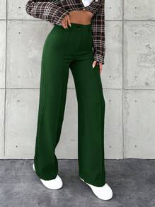EURMUSE Women's Solid Color Front Button Casual Suit Pants, Daily Wear - Dark Green - View 6