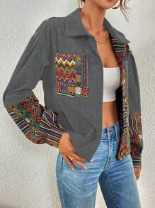 SHEIN LUNE Áo khoác nữ tay dài họa tiết hình học trễ vai, ngắn thường ngày, mùa thu - Xám - Xem 4