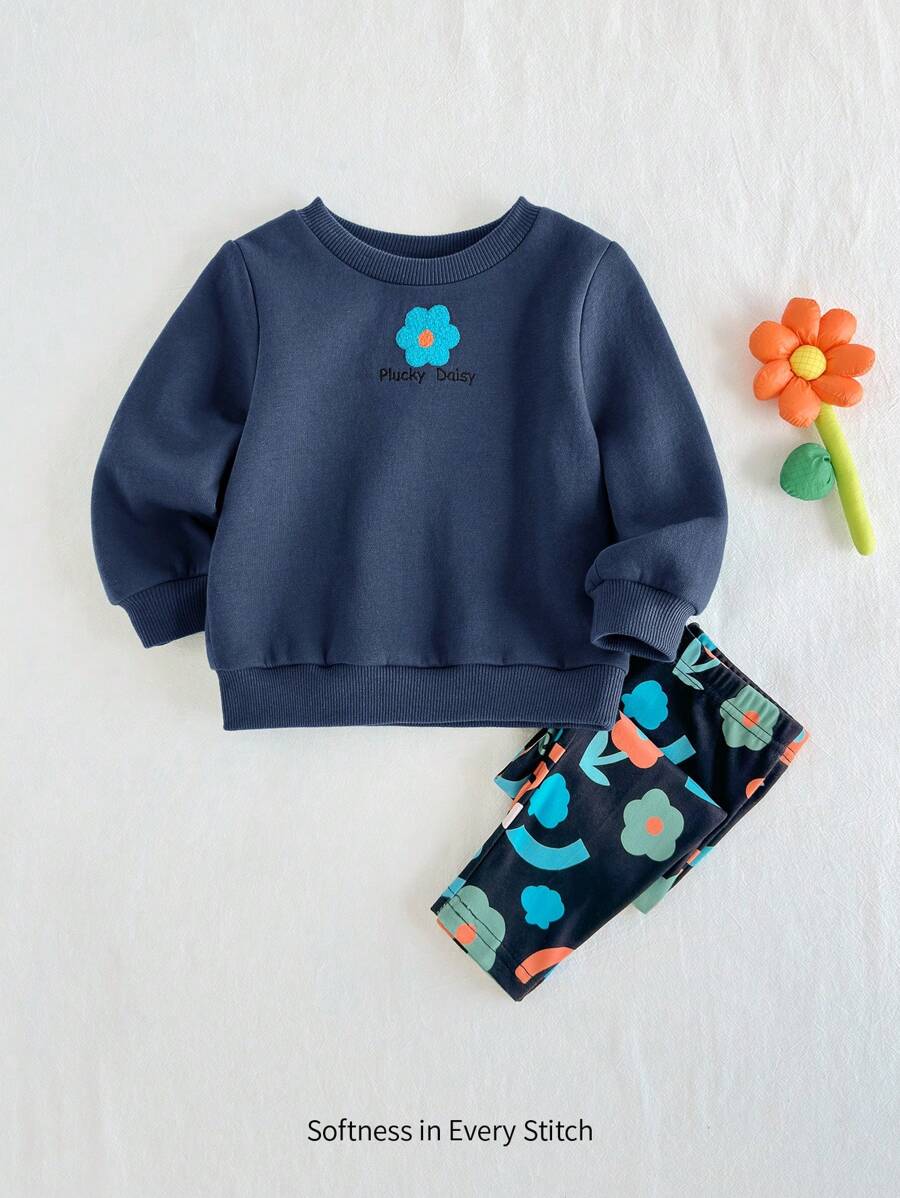 Cozy Pixies 2 件装女婴花卉印花针织柔软圆领套头衫和裤子套装 - 彩色 - 查看 1