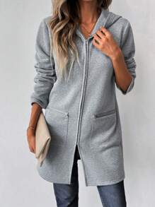 SHEIN LUNE 女士秋季宽松落肩连帽外套，休闲中长款，拉链装饰 - 灰色 - 查看 6