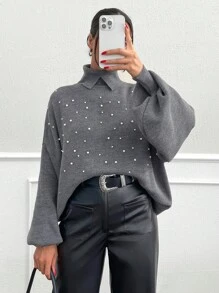 EURMUSE 高领仿珍珠细节落肩超大灯笼袖毛衣