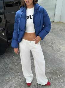 RueChic Women Blue Zip Placket Drawstring Hooded Padded Coat - Teal Blue - View 9