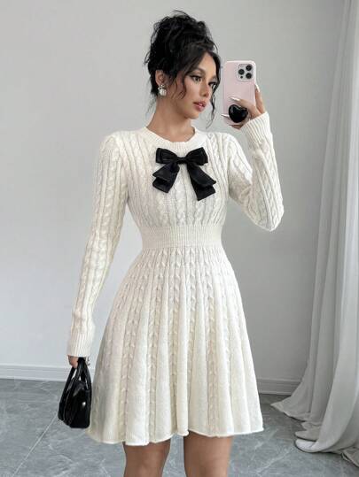 Selianne 女士优雅撞色蝴蝶结装饰腰部粗针织毛衣连衣裙