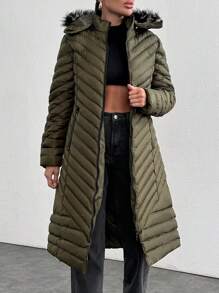 SHEIN Cottnline Fur And Zipper Added Padded Long Padded Winter Coat - Khaki - View 6