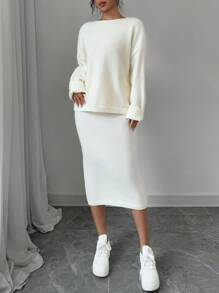 Chiquease 2pcs Women's Casual Solid Color Crew Neck Oversized Sweater And Sweater Skirt Set, Autumn Winter Fall Cloth For Women - Beige - View 4