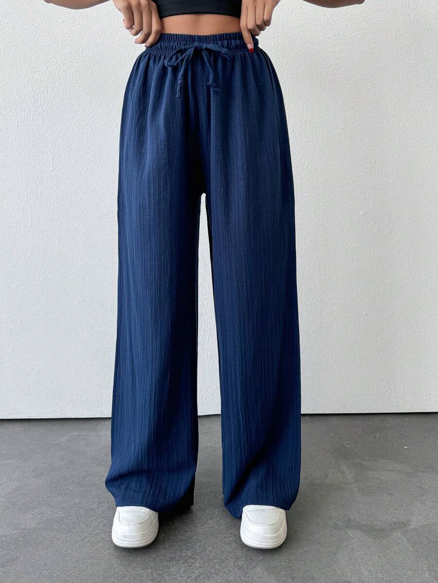 EURMUSE Petite Women's Solid Color Long Waist Drawstring Pants - Navy Blue - View 1