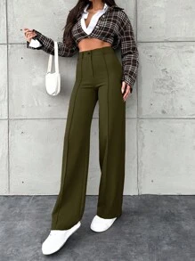 EURMUSE Pantalones informales casuales con botones delanteros de unicolor para mujer - Verde militar - Ver 3