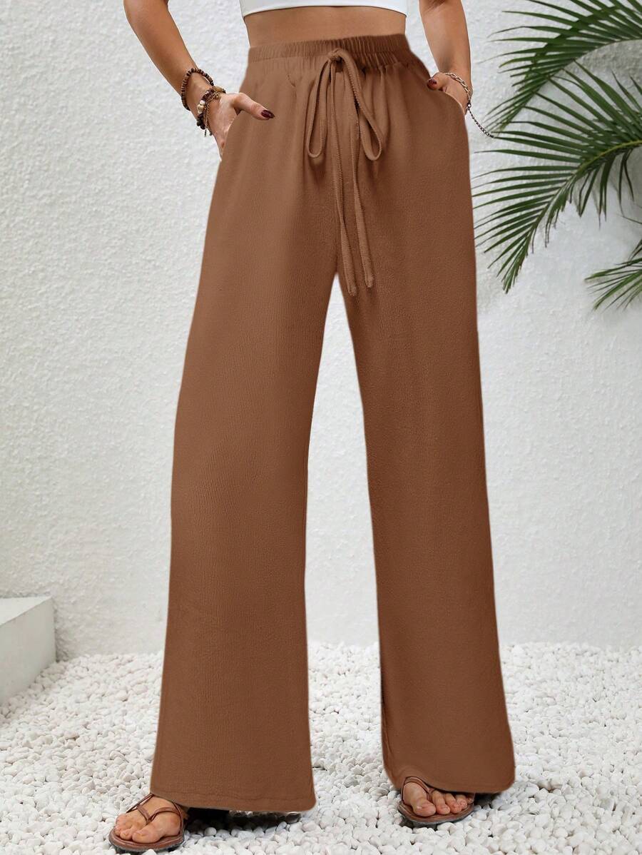 Chiquease Quần ống đứng đơn sắc thường ngày cho nữ có túi buộc phía trước - Màu Khaki - Xem 1
