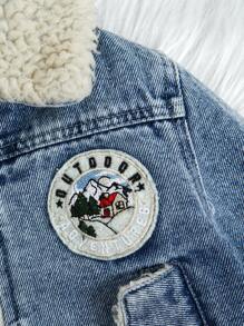 SHEIN Áo khoác denim lót nhiệt rộng rãi màu xanh nhạt mới giặt cho bé gái có miếng vá trang trí, thiết kế đơn giản để mặc hàng ngày - Rửa trung bình - Xem 5