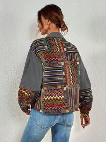 SHEIN LUNE Áo khoác nữ tay dài họa tiết hình học trễ vai, ngắn thường ngày, mùa thu - Xám - Xem 2