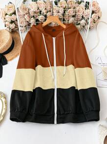 SHEIN LUNE 大码前拉链长袖纯色拼布休闲运动衫