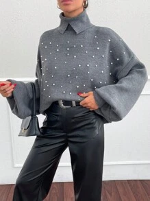 EURMUSE 高领仿珍珠细节落肩超大灯笼袖毛衣