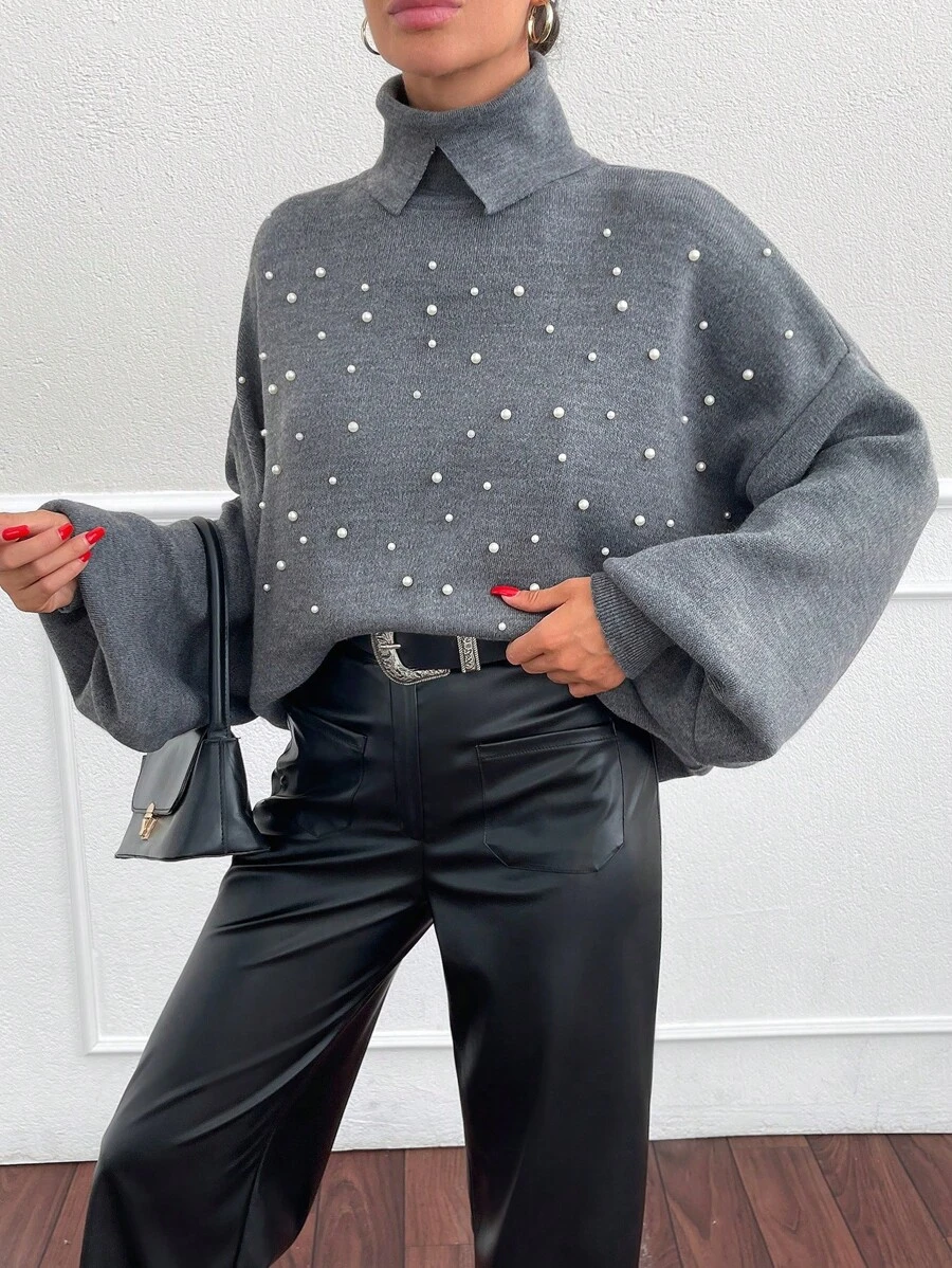 EURMUSE 高领仿珍珠细节落肩超大灯笼袖毛衣