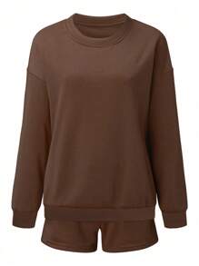 INAWLY 女士素色簡約日常短袖上衣和短褲套裝 - 咖啡棕 - 查看 4