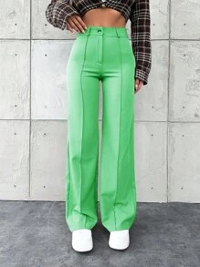 RueChic Pantalones de traje de cintura alta de un solo color casual para uso diario, otoño - Verde Oliva - Ver 5