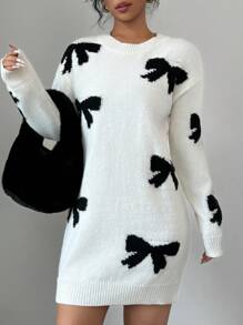 Selianne Women's Casual Bowknot Short Sweater Dress For Autumn And Winter Fall Cloth For Women - Black and White - View 4