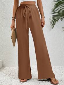 Chiquease Quần ống đứng đơn sắc thường ngày cho nữ có túi buộc phía trước - Màu Khaki - Xem 3