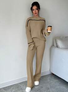 Elenzga 2pcs Set Casual Ribbed Knit Dropped Shoulder Loose Sweater And Pants For Autumn/Winter - Apricot - View 5
