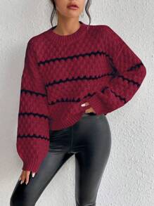 Chiquease Áo len nữ dáng rộng, kẻ sọc, kiểu dáng popcorn, vai rớt, thích hợp cho mùa thu đông. - Màu Đỏ Sâu - Xem 1