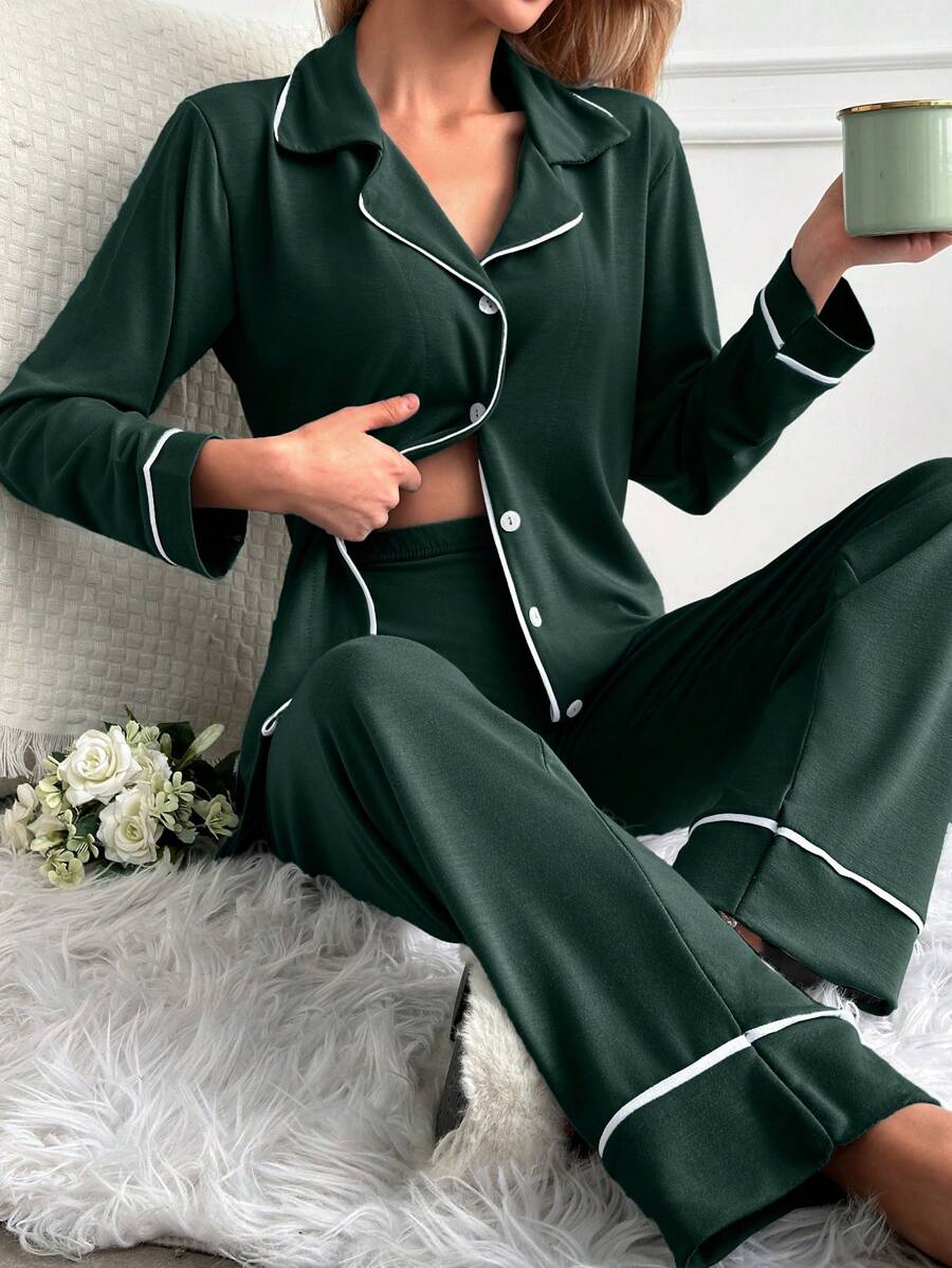 EURMUSE Women Binding Detail Homewear Pajama Set - Green - View 1