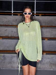 Streetz SHEIN Sport 圆领纯色抽绳不对称下摆长袖运动衫 - 綠色 - 查看 4