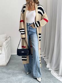 EMERY ROSE Áo khoác cardigan sọc kiểu phương Tây phối màu cổ điển thời trang dành cho nữ, thích hợp cho các ngày lễ và kỳ nghỉ - Nhiều màu - Xem 3